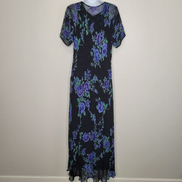 Vintage 90s black green purple blue floral semi sheer dress with overlay size 1x - Picture 2 of 8